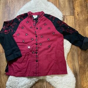 Sandy Starkman Jacket‎ Womens Size Large Cotton Linen Red Embroidered Flashy